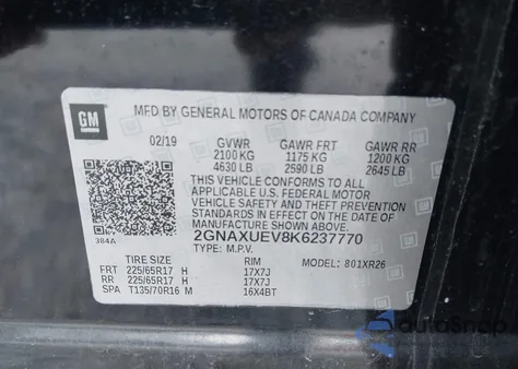 2019 Chevrolet Equinox Lt z USA, uszkodzony, nr VIN 2GNAXUEV8K6237770